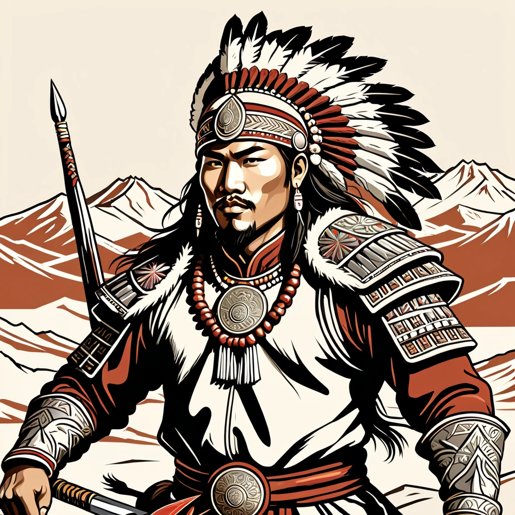 native american warrior in mongolian folk outfit, vector graphics, strong contours