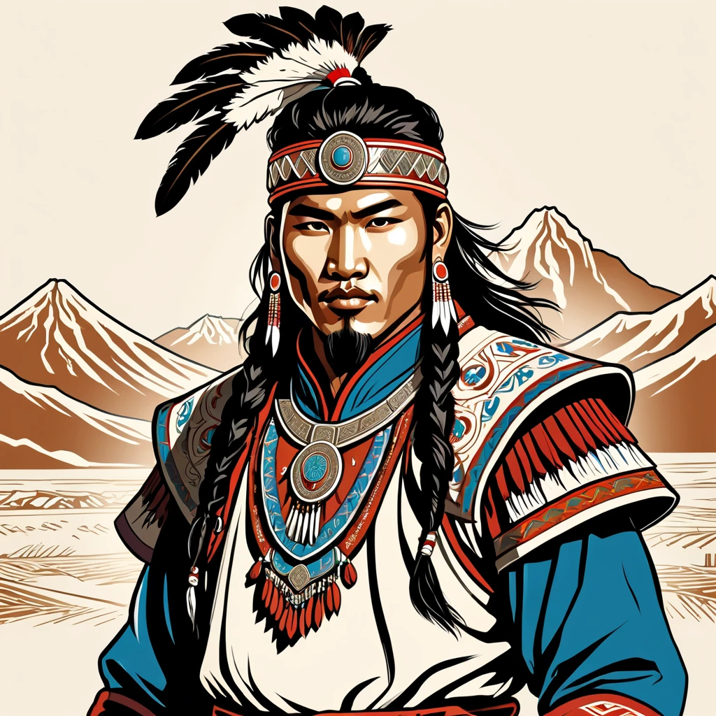 native american warrior in mongolian folk outfit, vector graphics, strong contours
