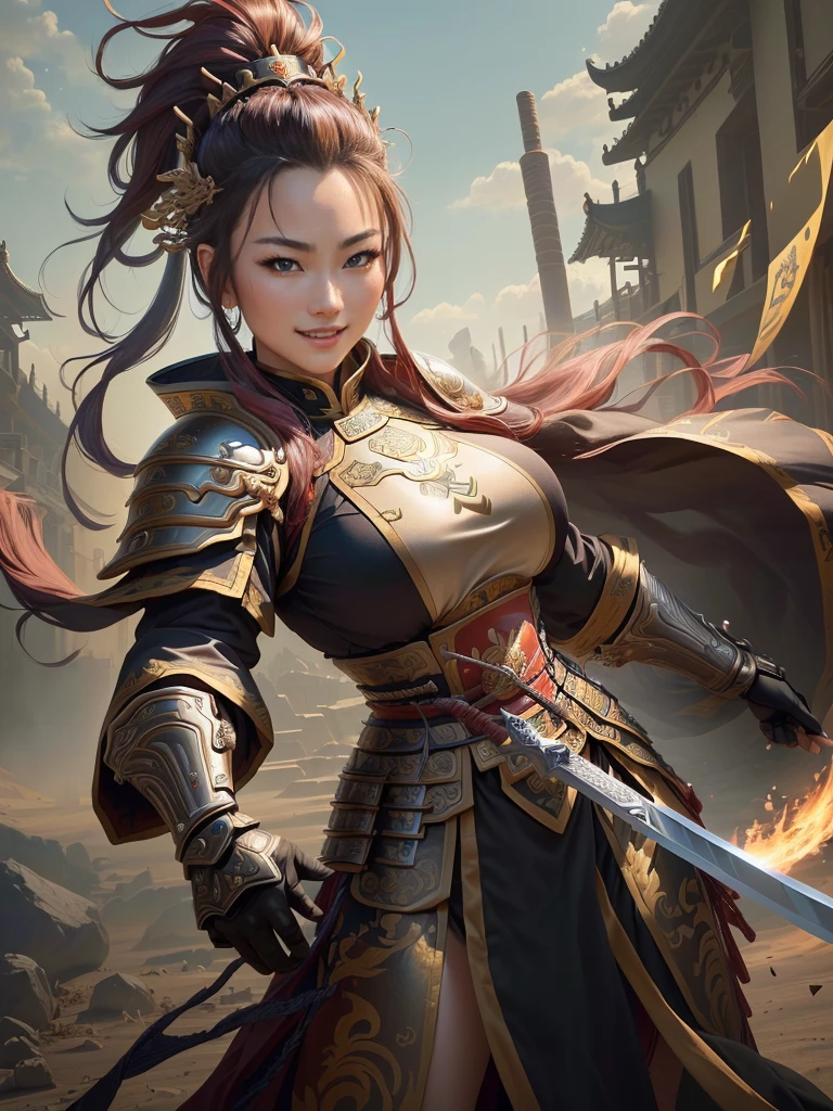 a woman in armor with a helmet with mohawk and a sword, inspired by Li Kan, guan yu, inspired by Hu Zaobin, inspired by Huang Shen, inspired by Huang Ding, inspired by Wu Bin, bian lian, inspired by Li Gonglin, chinese three kingdoms, inspired by Li Cheng, genghis khan, inspired by Pu Hua, Highly detailed CG unit 8k wallpaper, masterpiece, High resolution, highest quality, highest quality real texture skin, Super real, Digital Painting, Best image quality, 最High resolution, 8k, (((Highly detailed eyes and face, Beautiful eyes every detail))), disproportionate breasts, huge breasts, sagging breasts, gigantic breasts, grin, Shooting from the front, 