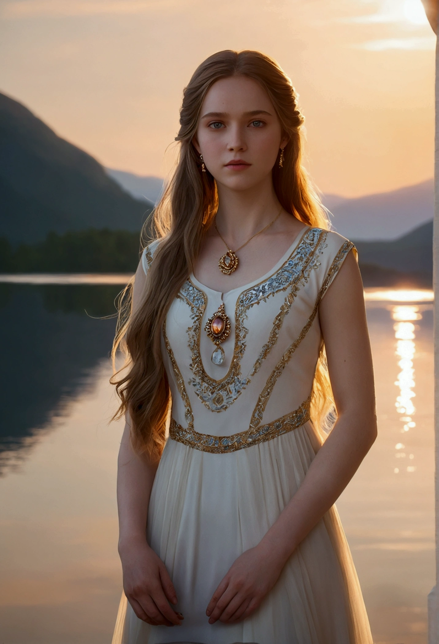 1 girl, serene expression, fascinating eyes, long and straight hair, flowy dress, balanced posture, Porcelain skin, subtle blush, crystal pendant
BREAK
golden hour, (edge lighting):1.2, warm tones, sun flare, solar flare, soft shadows, vibrant colors, pictorial effect, dreamy atmosphere REST scenic lake, distant mountains, sauce, calm waters, reflection, sunlit clouds, Quiet atmosphere, idyllic sunset, ultra detailed, official art, unity wallpaper 8k
, tangled, mandala