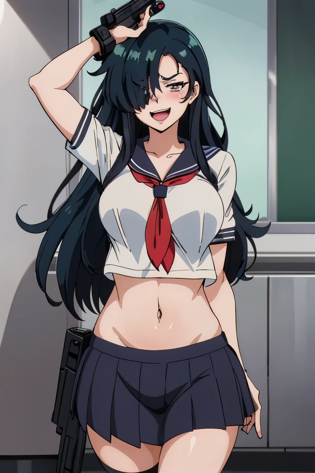 IM, 1girl, solo, hair over one eye, big breasts, blush,  perfect quality, blush, lipstick, long hair, crazy eyes ,Hot girl, baddie, staring, glaring, bad attitude, mean girl, dare, angry, hate, crazy, smoking, sensual, attractive, masterpiece, best quality, highly detailed, a anime girls in sailor uniforms with a gun posing for a picture,
evil smile, smile, open mouth,black_serafuku, ecchi anime style, anime girls , (nsfw) not safe for work,
ecchi style, ecchi, shipgirls, digital anime art!!, high school girls, holding a gun, hold a gun, anime style 4
k, micro skirt, exposed belly, exposed navel, exposed midriff, holding pistol,
exposed lower belly,school, classroom