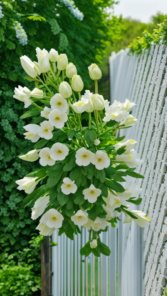 There are many white flowers blooming in the garden fence,green,,Blue-red,Colorful double eustoma flowers,Hyperreal, Ultra HD , Green leaves, There are light water droplets on the leaves and flowers , Fresh and beautiful, Ultra-high quality