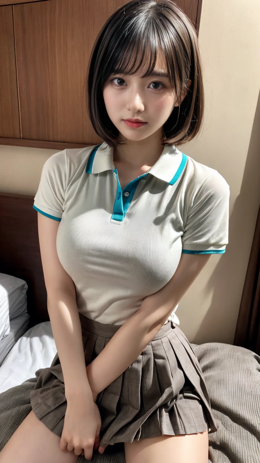 masterpiece, best quality, illustration, Super detailed, fine details, High resolution, 8K,wall paper, perfect dynamic composition,(Details High quality, realistic depiction of eyes:1.3), (Polo shirt with collar), pleated skirt, , short bob hair、black hair color, Big Natural Color Lip, bold sexy pose, rfect body shape), crying a little、Harajuku style、20 year old girl、cute type、lolita、beautifs, hotel room, hposing Gravure Idol, Voluptuous thighs