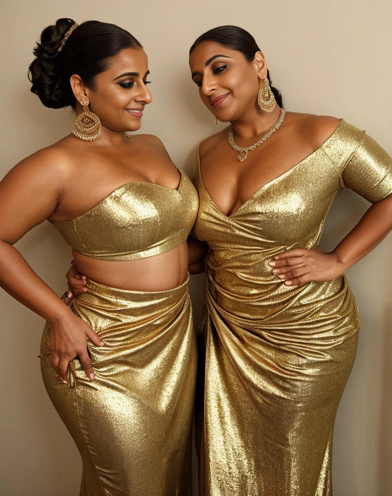 Vidya Balan hair bun top up two ponytail Picture as a sultry plus-size exhibitionist amorous lady with Push-Up Bras big perky breasts The outfit in the image is a sleeveless, metallic gold dress with a shiny, reflective finish. It features a sweetheart neckline adorned with a bow at the center front. The bodice is ruched or gathered, adding texture to the upper part of the dress. The dress has an A-line silhouette that flares out gently from the waist down to the hem, and its length is above the knee Brazzers,BangBros, NaughtyAmerica, Vixen, MILFed, RealityKings, TeamSkeet, satin,