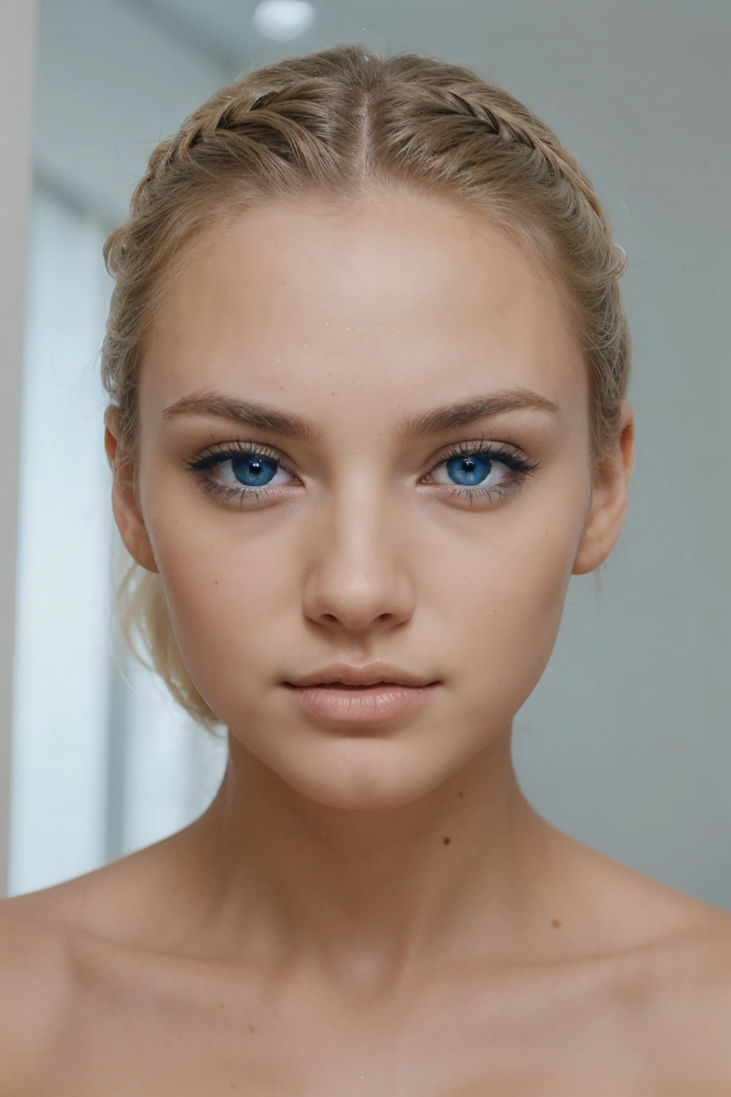 with long blonde hair, Very light blue eyes and striking look., Perfect nose and faces and delicate features.