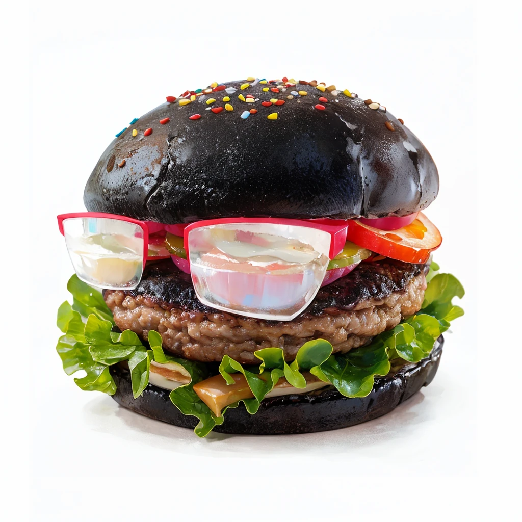 ((masterpiece)), ((Highest quality)), ,Wearing glasses,Cute hamburger，Fantasy Creation，Dressed up hamburger,Can be served.