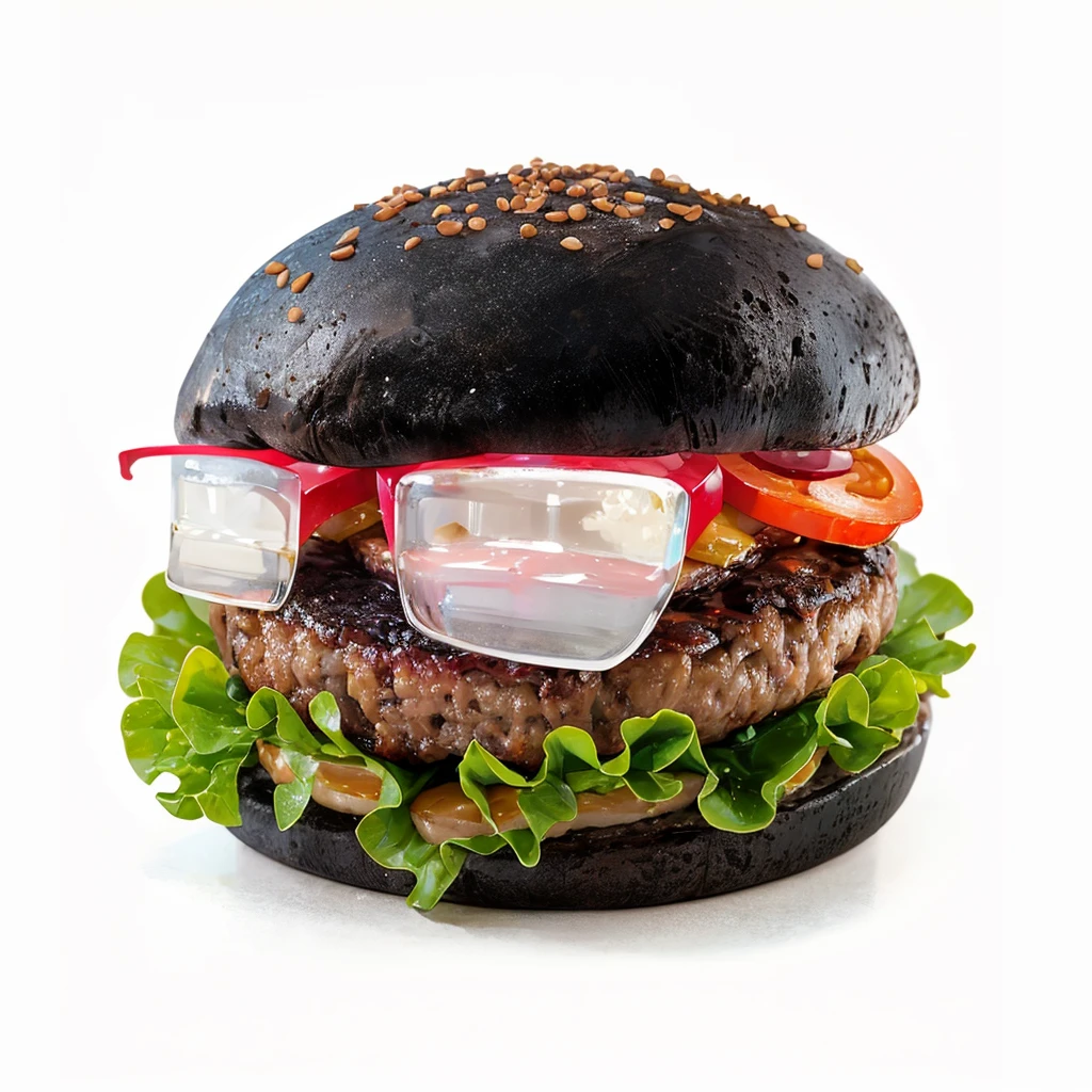 ((masterpiece)), ((Highest quality)), ,Wearing glasses,Cute hamburger,Fantasy Creation,Dressed up hamburger,Can be served.