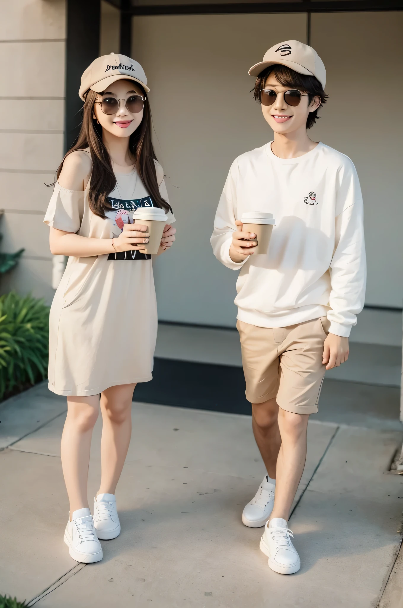 Cartoon chibi style full body portrait rendered using C4D, of happy smiling a cute girl and boy wearing beige hats , sunglasses and white sneakers , holding coffee cups in their hands , with a simple background , using matte clay textures and soft lighting , rich details and best quality .- ar 3:4-- niji 6