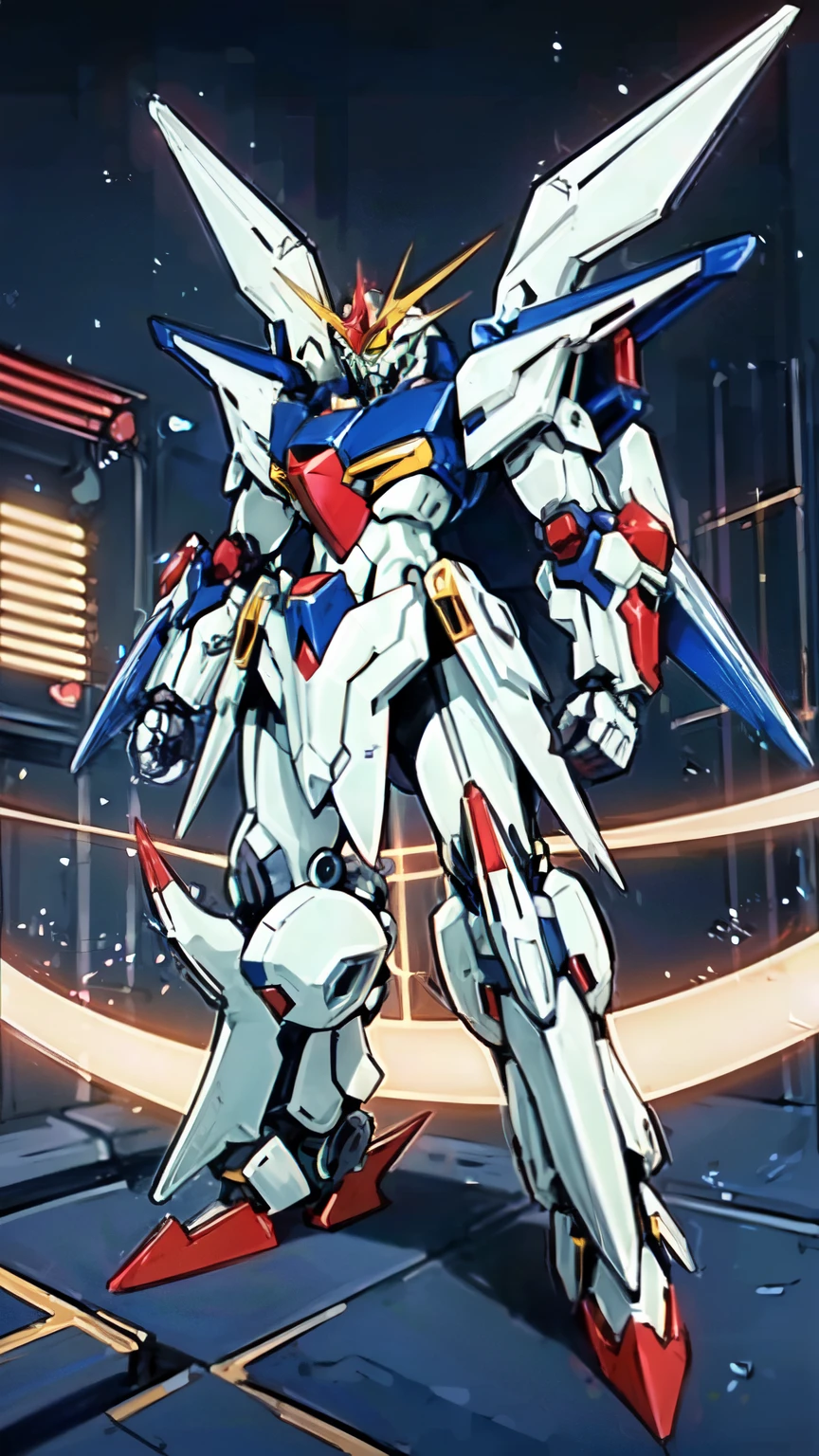 (masterpiece:1.5, best quality:1.5, extremely delicate:1.5), humanoid Mecha, fully enclosed shoulder guards, matching arm and leg guards, full body, full armor, the design balances heavy with agility, (the color scheme is primarily white with red and blue accents, the concept Inspired by Super robot, organic biotech armor, standing, floating high above the futuristic sci-fi city), exquisite and mature art style, (aura effect, energy, glowing eyes, the armor glows), metallic, dramatic, high definition, highres, ultra-detailed, ultra-fine painting, professional, perfect body proportions, anatomically correct, symmetrical face, extremely detailed eyes and face, high quality eyes, creativity, RAW photo, UHD, 32k, Natural light, cinematic lighting, masterpiece-anatomy-perfect