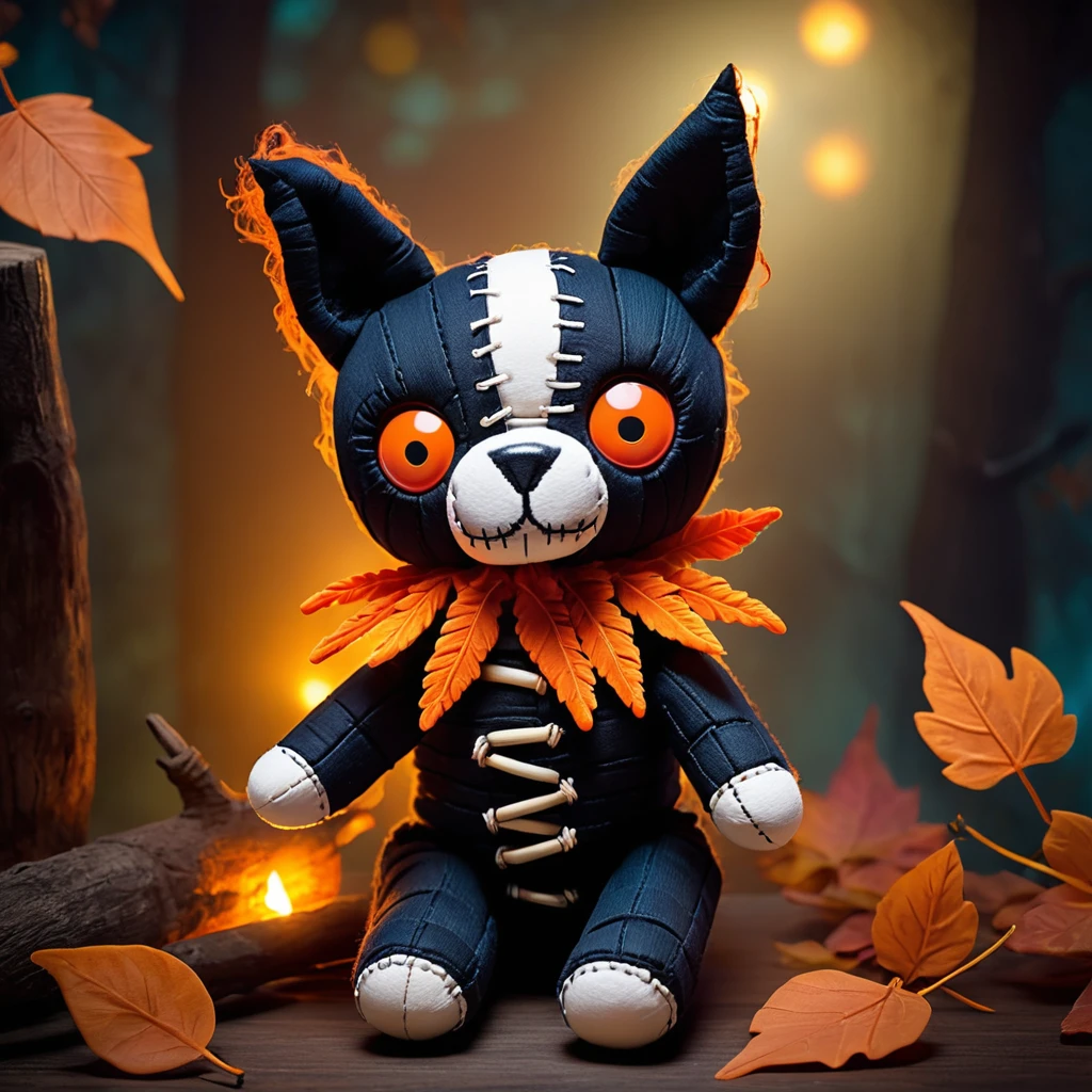 (knitted toy voodoo doll:1.8), (Voodoo Dog Chewing Bone:1.3), (Clothing: dark fur with glowing orange patterns:1.0), (Accessories: enchanted cursed bone, glowing ethereal collar, mystical haunted backyard:1.2), (background: eerie backyard with floating, glowing leaves and distant howls:1.2), best quality, masterpiece, detailed soft oil painting, detailed background, dramatic cinematic lighting, soft edge lighting, professional, dramatic lighting, hard edge lighting, ultra quality, 4k, masterpiece, best quality, 8k, ultra high definition, high resolution, extremely detailed