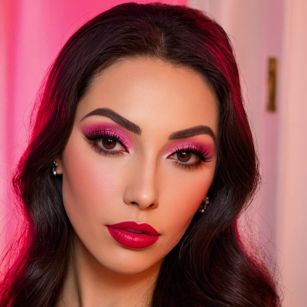 a close-up of a woman with long hair and a pink blouse, profile image, sexy face with full makeup, thick Red lips, with professional make-up, Red lips, sultry gaze, Cristina Kritkou, inspired by Lili Árkayné Sztehló, Ayahausca, Red lipstick on face, inspired by Gina Pellón
