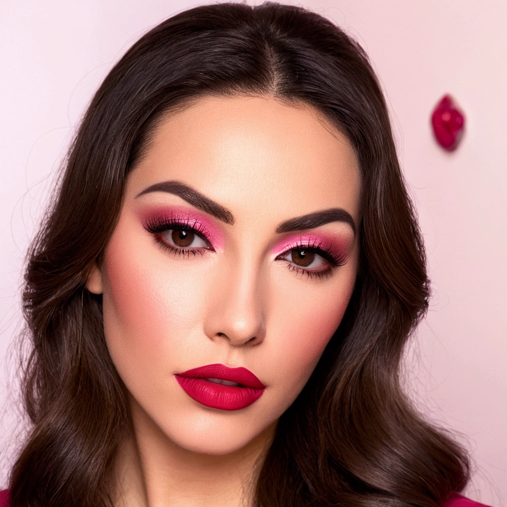 a close-up of a woman with long hair and a pink blouse, profile image, sexy face with full makeup, thick Red lips, with professional make-up, Red lips, sultry gaze, Cristina Kritkou, inspired by Lili Árkayné Sztehló, Ayahausca, Red lipstick on face, inspired by Gina Pellón