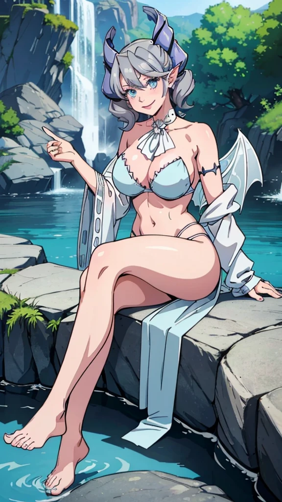 Waterfalls  High level image quality　best image quality　8K　 adult woman   garden rocks outside  more colors   whole body view　portrait　wearing bikini   　white horn    ears  　short hair（（shortcut）（gray hair）（perm）（fluffy））　eye color is blue ,  , 　attractive evil face , smile   ,  sexy pose   ,  labrynth ,  barearm    , wearing pink , wings    , sitting    , crossed legs, view foot arc    