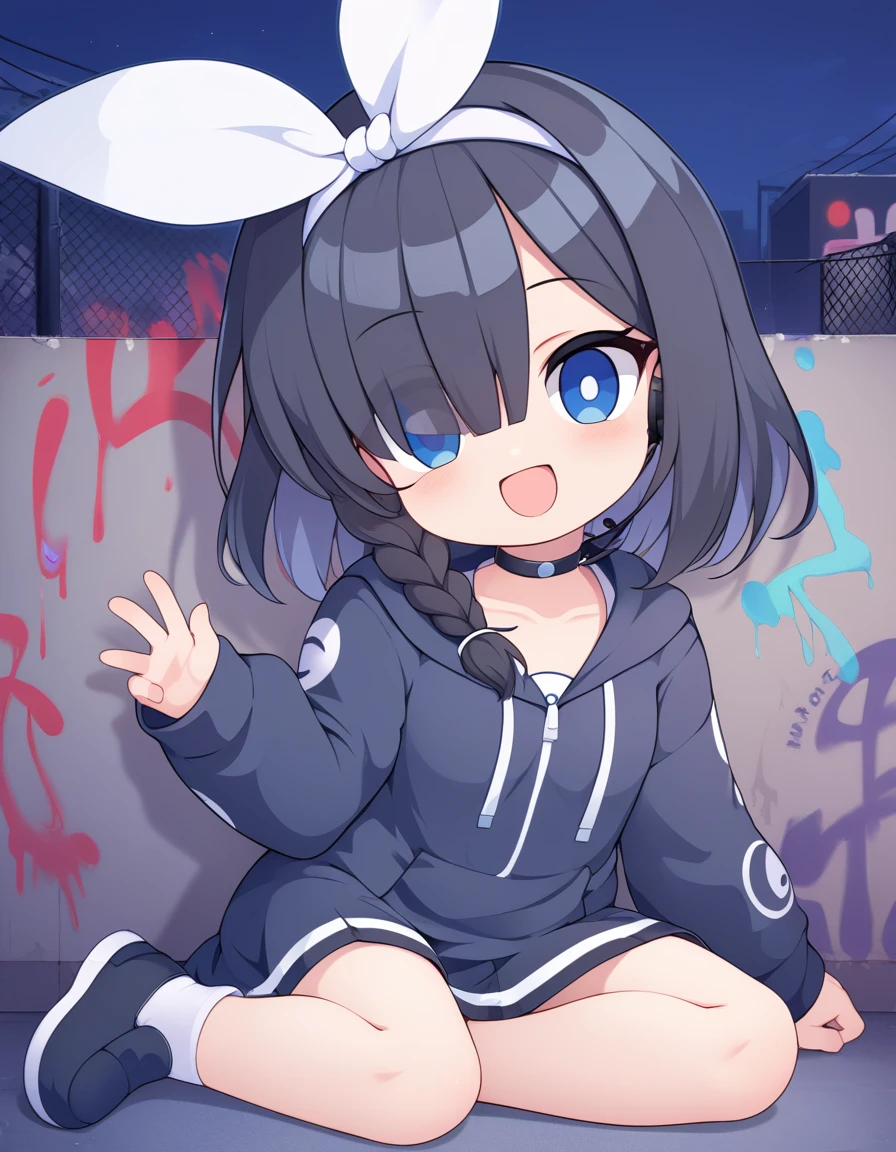 score_9, score_8_up, score_7_up, uncensored, source_anime BREAK arona \(blue archive\), 1girl, :d, menalin skin, blue eyes, black hair, blue shirt, braid, choker, hair over one eye, hairband, long sleeves, looking at viewer, open mouth, black hoodie, skirt, headset, smile, solo, white hairband, black skirt, busy futuristic street, night, graffiti on wall, full body picture.