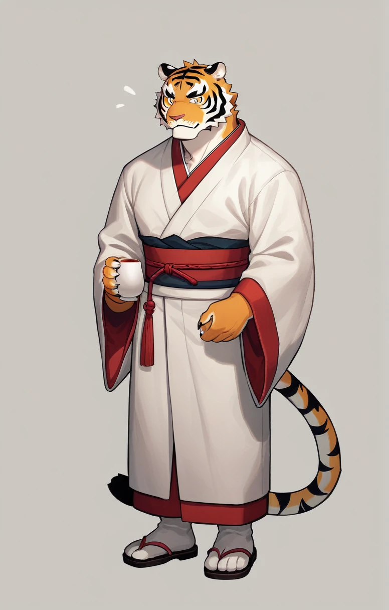 the anime character ,((furry tiger gir,kawaii,)) , wearing (white and Black Patterns Japanese garment) and (袴), ((don't have anything)) , (A cup), full body --ar 4:7 --s 40