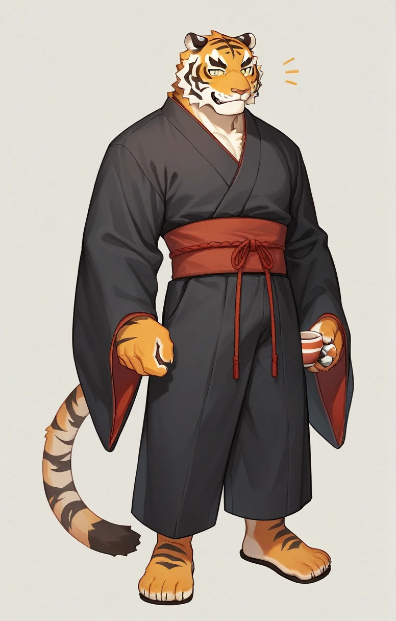 the anime character ,((furry tiger gir,kawaii,)) , wearing (white and Black Patterns Japanese garment) and (袴), ((don't have anything)) , (A cup), full body --ar 4:7 --s 40