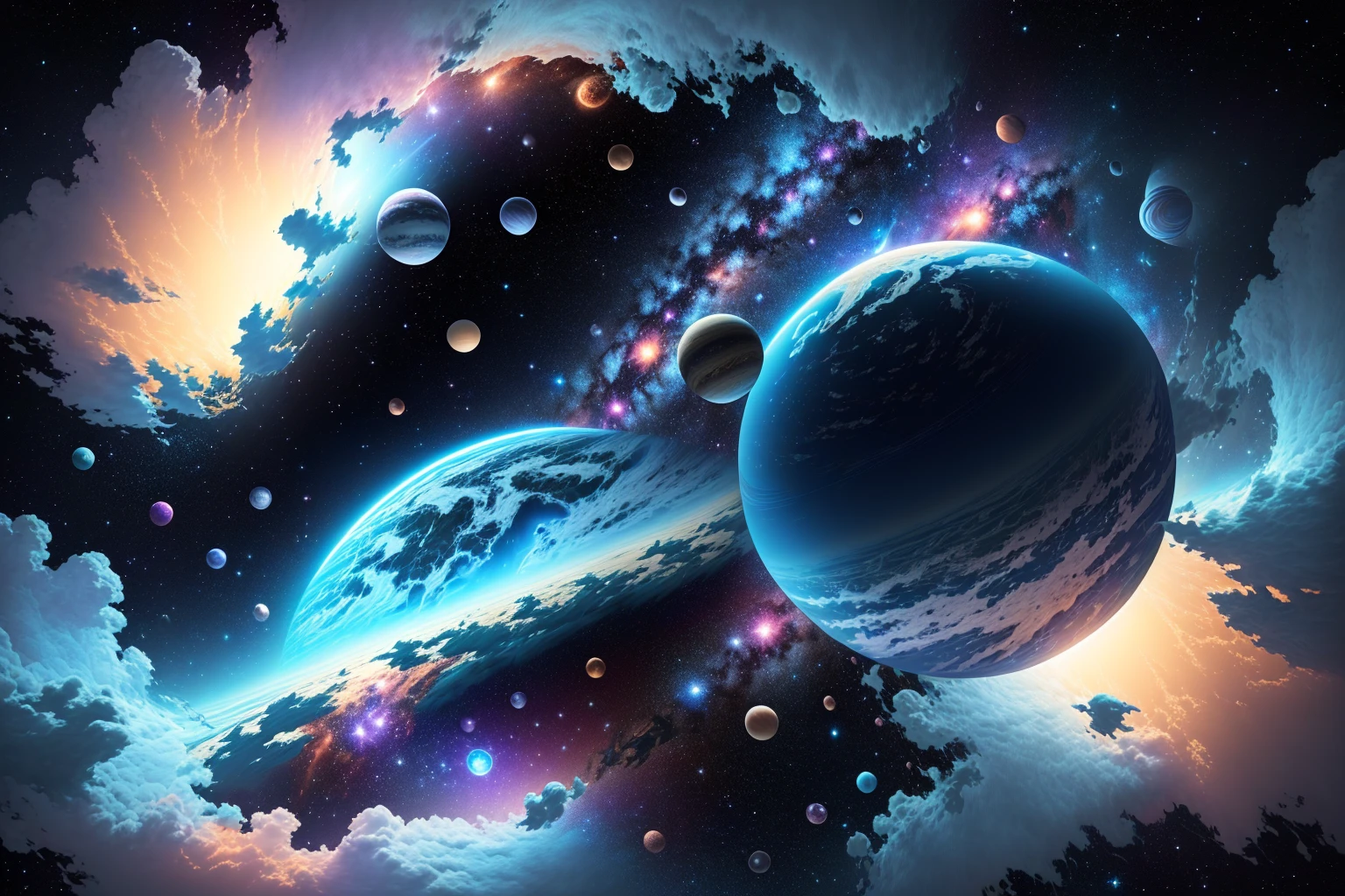 Many clouds and planets floating in the sky, The background is space, empty Space Background, astral background, the Space Background, Space Background, Background is an alien galaxy, Space Background, Background Space, Space Background, Background artwork, On galaxy background, Space Background, 在Outer Space, Hand drawn cartoon art style, The universe is colorful, Outer Space