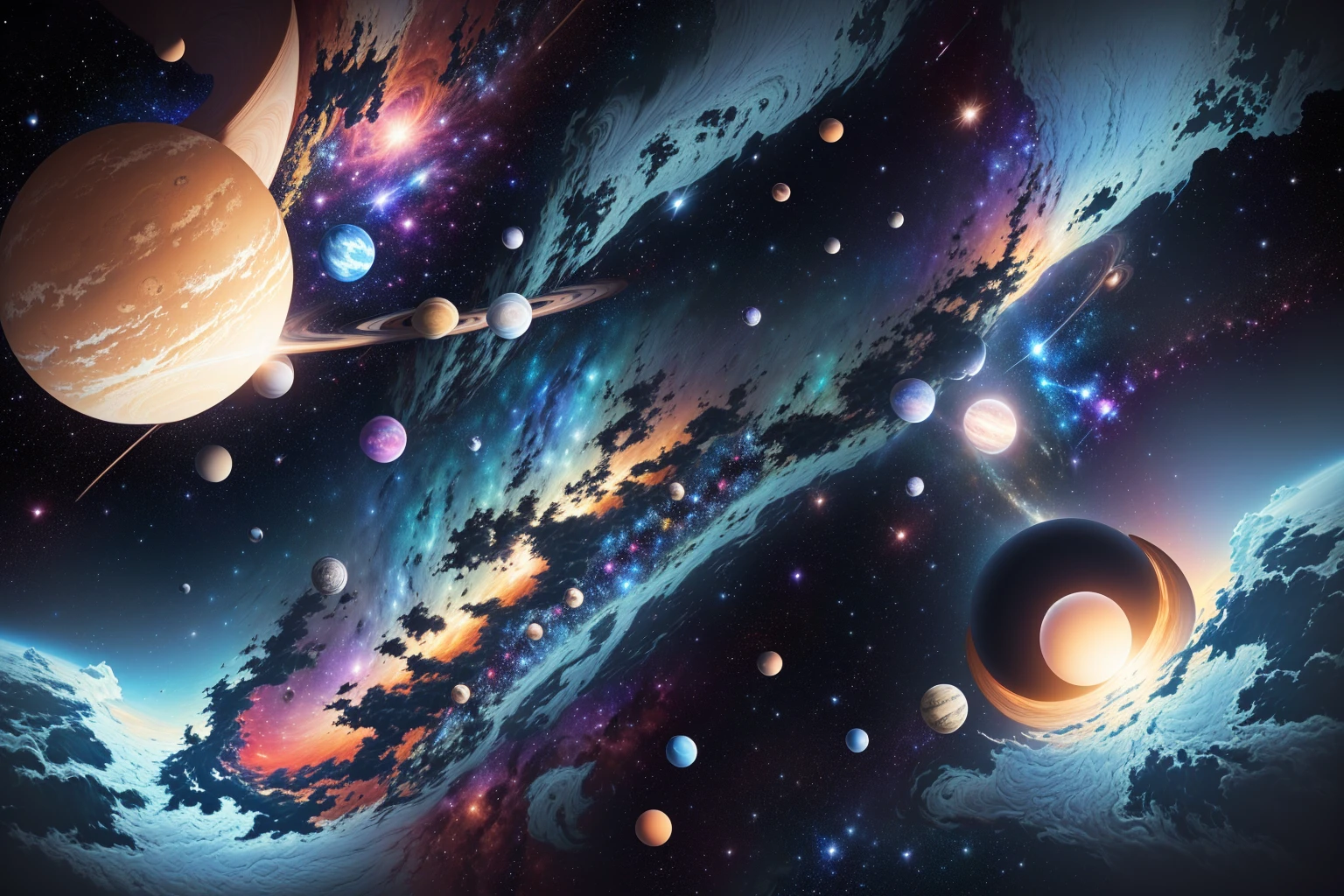 Many clouds and planets floating in the sky, The background is space, empty Space Background, astral background, the Space Background, Space Background, Background is an alien galaxy, Space Background, Background Space, Space Background, Background artwork, On galaxy background, Space Background, 在Outer Space, Hand drawn cartoon art style, The universe is colorful, Outer Space