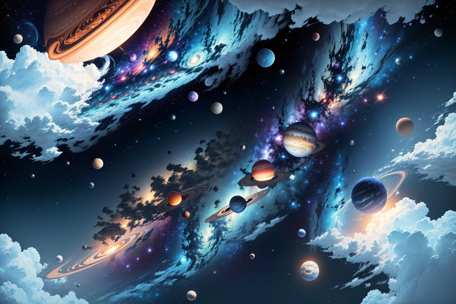 Many clouds and planets floating in the sky, The background is space, empty Space Background, astral background, the Space Background, Space Background, Background is an alien galaxy, Space Background, Background Space, Space Background, Background artwork, On galaxy background, Space Background, 在Outer Space, Hand drawn cartoon art style, The universe is colorful, Outer Space