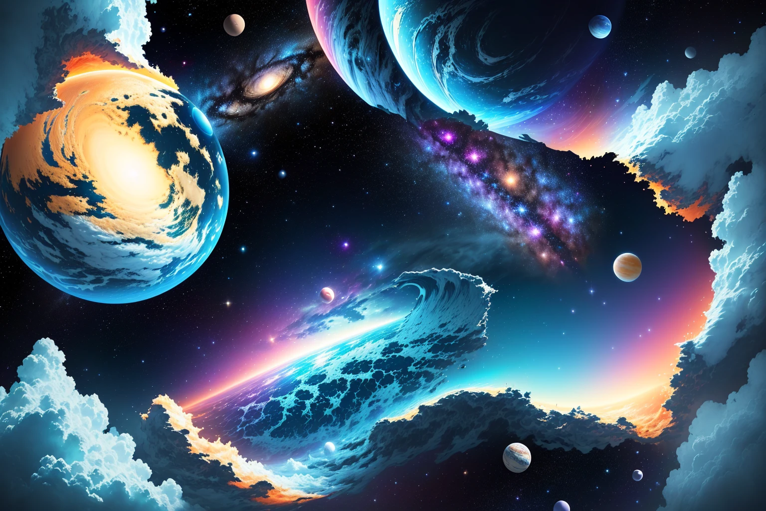 Many clouds and planets floating in the sky, The background is space, empty Space Background, astral background, the Space Background, Space Background, Background is an alien galaxy, Space Background, Background Space, Space Background, Background artwork, On galaxy background, Space Background, 在Outer Space, Hand drawn cartoon art style, The universe is colorful, Outer Space