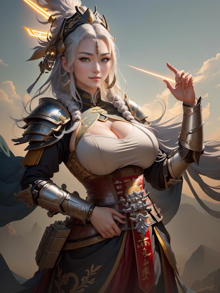 a woman in armor with a helmet with mohawk , inspired by Li Kan, guan yu, inspired by Hu Zaobin, inspired by Huang Shen, inspired by Huang Ding, inspired by Wu Bin, bian lian, inspired by Li Gonglin, chinese three kingdoms, inspired by Li Cheng, genghis khan, inspired by Pu Hua, Highly detailed CG unit 8k wallpaper, masterpiece, High resolution, highest quality, highest quality real texture skin, Super Real, Digital Painting, Best image quality, 最High resolution, 8k, (((Highly detailed eyes and face, Beautiful eyes every detail))), disproportionate breasts, huge breasts, sagging breasts, gigantic breasts, grin, 