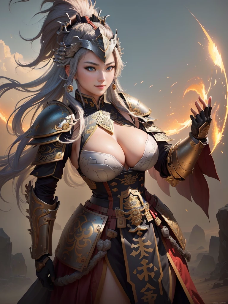 a woman in armor with a helmet with mohawk , inspired by Li Kan, guan yu, inspired by Hu Zaobin, inspired by Huang Shen, inspired by Huang Ding, inspired by Wu Bin, bian lian, inspired by Li Gonglin, chinese three kingdoms, inspired by Li Cheng, genghis khan, inspired by Pu Hua, Highly detailed CG unit 8k wallpaper, masterpiece, High resolution, highest quality, highest quality real texture skin, Super Real, Digital Painting, Best image quality, 最High resolution, 8k, (((Highly detailed eyes and face, Beautiful eyes every detail))), disproportionate breasts, huge breasts, sagging breasts, gigantic breasts, grin,