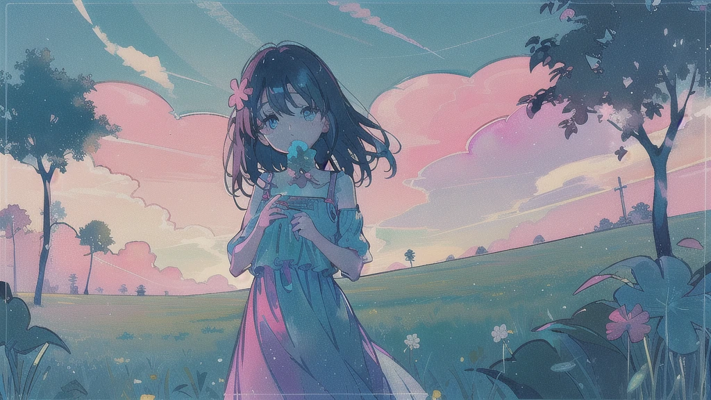 (watercolor), (low contrast), (face, cowboy shot, 1 girl, sundress, look at viewer), (clover field), nostalgic