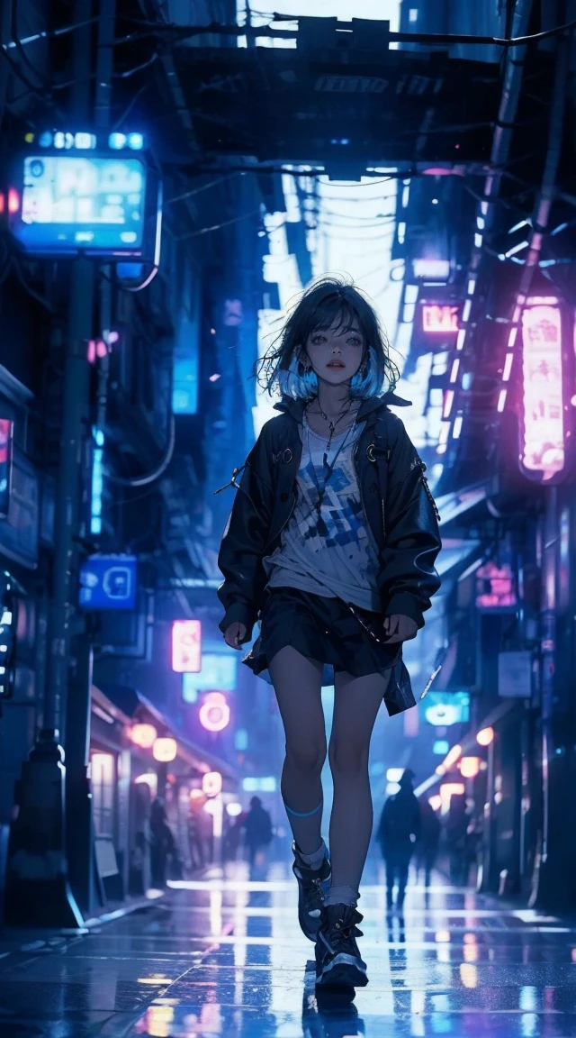 master paintings,optimal quality,rain,adult woman,beauty、very depressive,With short black hair,is crying,is running in the midnight town、Neon street in the background、neon color is blue.