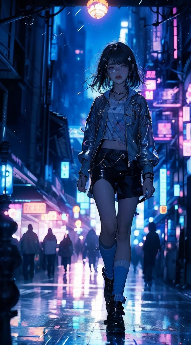 master paintings，optimal quality，rain，adult woman，beauty、very depressive，With short black hair，is crying，is running  in the midnight town、Neon street in the background、neon color is blue.