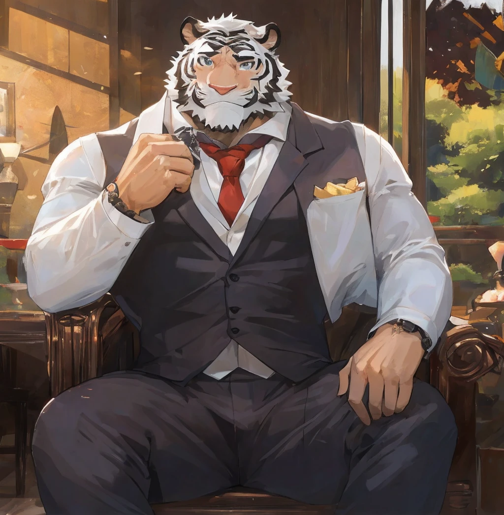 masterpiece,best quality,window,Sunlight,male,human nature,White Tiger兽人,White Tiger,(Athletic:1.5), (White fur,Black eyebrows:1.5), Exquisite eyes,Agate Eye,5 fingers, (Transparent clothes),Suit,Broad shoulders and narrow waist,muscle,Meaty,Holding flowers,Sitting on a wooden chair,Strong body,Good body proportions,two meters tall,Smirk,Eight hairy abdominal muscles and two pectoral muscles are exposed,hair