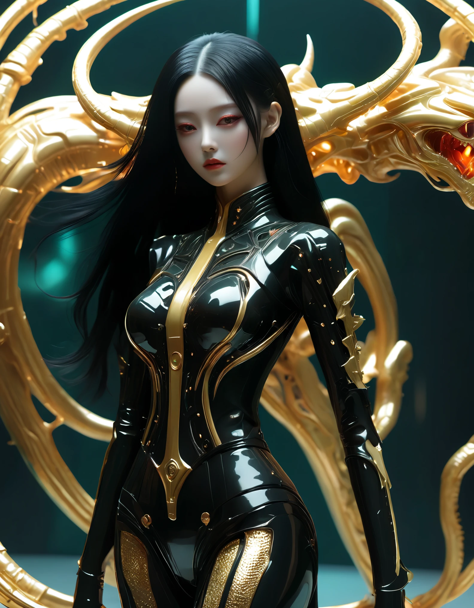 A fashion runway for alien technology , Exquisite face，vogue photography , Inspired by cyberpunk。(Best quality,4K,8k,A high resolution,Masterpiece:1.2), (Realistic,Photorealistic,photo-realistic:1.37).Gold inlaid jade style，Shiny，Exquisite，Hell Girl，long black hair , Riding the Ruby Monster