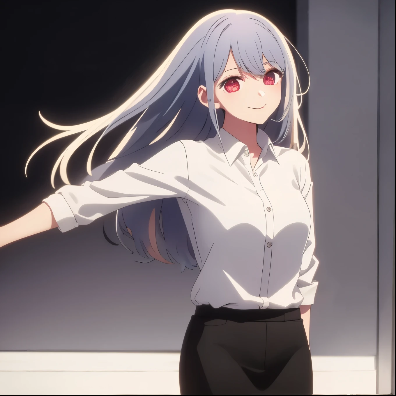 ((masterpiece, best quality)), (1girl), (solo), (female focus), (white hair, long hair), (red eyes), light smile, closed mouth, (white buttoned shirt), ((short black skirt)), bust-up, white background, dynamic angle, 25 year old woman
