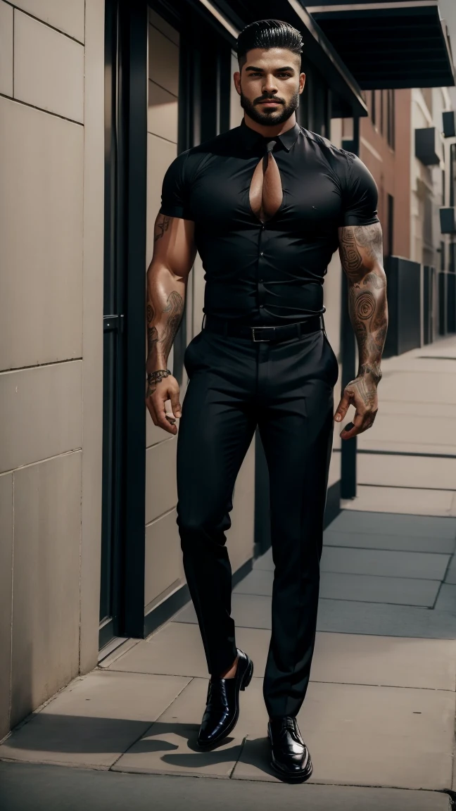 Homem latino, ele tem 30 anos. Possui um lobo grande bonito ao seu lado. Homem tem cabelo preto liso undercut, Rosto lindo, corpo bodybuilder, corpo perfeito, skin oiled, Olhos detalhados, detailed hands. has a tattoo on his right arm. camisa branca, formal black trouser with brown formal shoes, black socks. Very high quality photography, 8k, tirada de uma Canon EOS R6, full body view