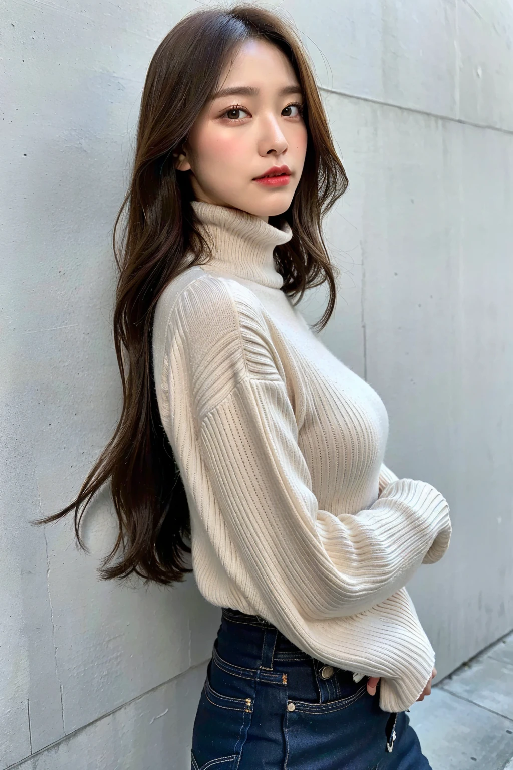 top quality, 8k,1beautiful women, age 28, S, 35mm lens,cowboy shot, concrete background、mortar style background、thin Turtleneck knitwear、Light brown、mortar style wall,from below、straight hair、straight hair、shiny hair,silky hair、Adidas jersey