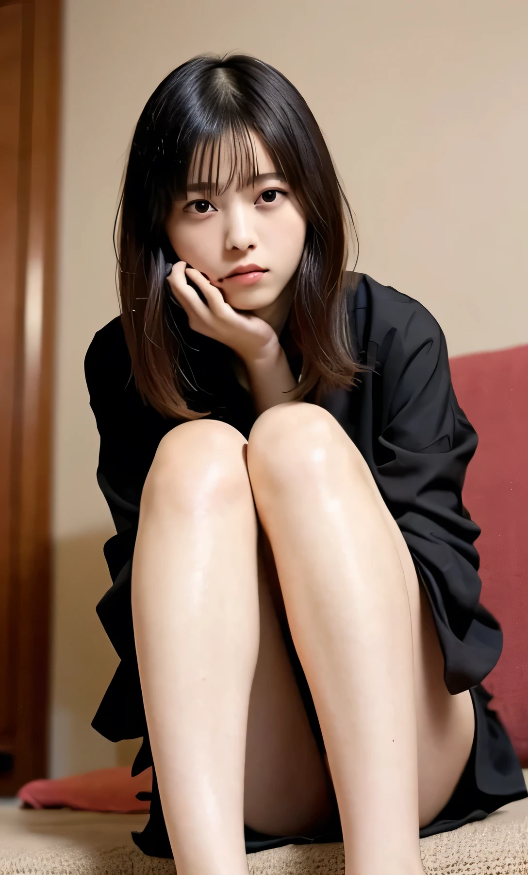 In detail, High resolution, high quality、Perfect dynamic composition, Beautiful attention to detail, Bob Layer Cut、From below、sight、From below、From below、Sit on the sofa、Long legs、despise、Looking into the camera、Hold in hand、Put your hands forward、holding something、Natural color lip, 23 years old、1 person、Clear Skin、Shorts、Shiny Hair、Bedroom、Inside the room、Fashionable clothes、Shibuya Ward、Pique Ice Cream、Loungewear、Fashionable、Beautiful feet、Futomo、shake your head、Glare、Stimulate、Rage、video
