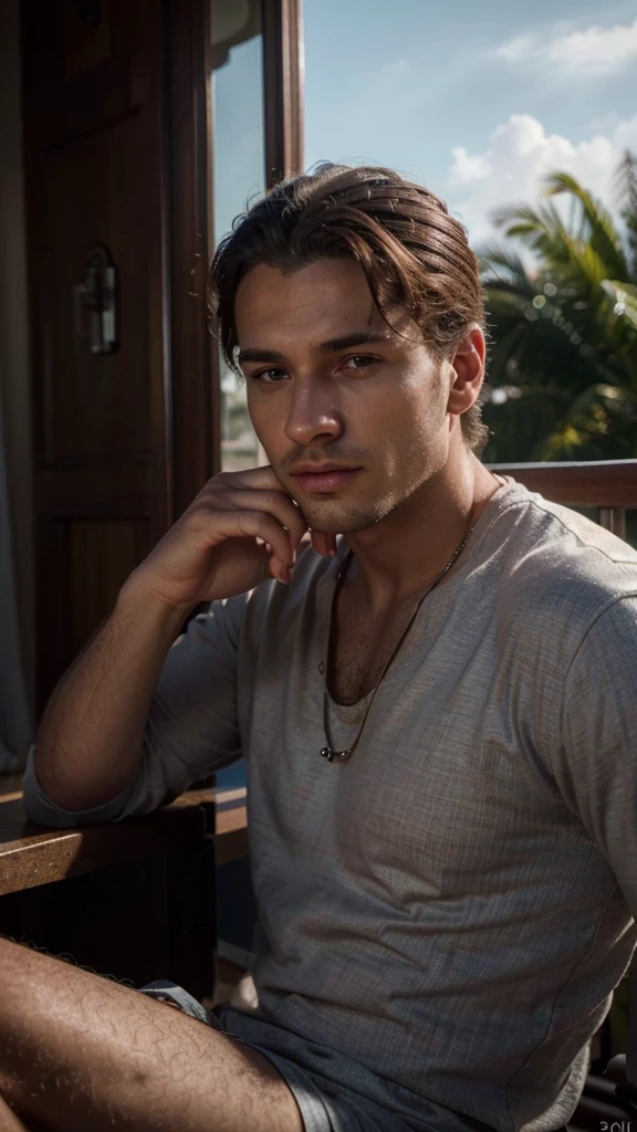 a man sitting in a balcony, relaxing, balcony photography, handsome man, extremely detailed face, detailed eyes, detailed lips, chiaroscuro lighting, cinematic composition, dramatic lighting, moody atmosphere, warm color palette, high contrast, photorealistic, (best quality,4k,8k,highres,masterpiece:1.2),ultra-detailed,(realistic,photorealistic,photo-realistic:1.37)
