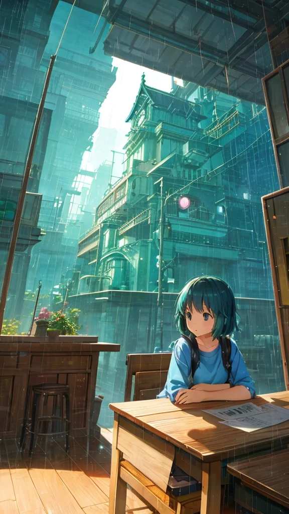 「Lofi Girl」in Studio Ghibli style、Please draw it on a rainy day setting.。Lofi Girl sits at a wooden desk、I&#39;m reading a book by the window while listening to music on my bed.。she、Simple dresses and sweaters、They are wearing comfortable, casual clothing reminiscent of Ghibli characters.。Outside the window、The night view is expanding。