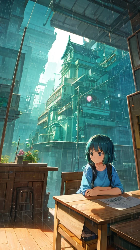 「Lofi Girl」in Studio Ghibli style、Please draw it on a rainy day setting.。Lofi Girl sits at a wooden desk、I'm reading a book by the window while listening to music on my bed.。she、Simple dresses and sweaters、They are wearing comfortable, casual clothing reminiscent of Ghibli characters.。Outside the window、The night view is expanding。