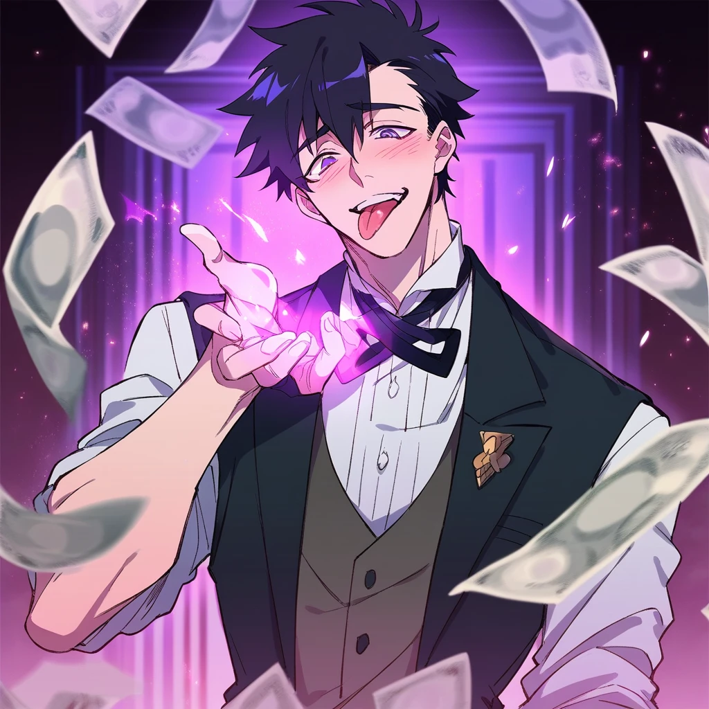 A butler with short black hair and purple eyes, he's blushing with his tongue out and his eyes rolled back . Anime Art Style. A purple light background house with so much money.