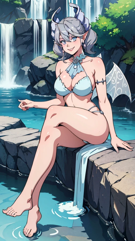 Waterfalls  High level image quality　best image quality　8K　 adult woman   garden rocks outside  more colors   whole body view　portrait　wearing bikini   　white horn    ears  　short hair（（shortcut）（gray hair）（perm）（fluffy））　eye color is blue ,  , 　attractive evil face , smile   ,  sexy pose   ,  labrynth ,  barearm    , wearing pink , wings    , sitting    , crossed legs, view foot arc    