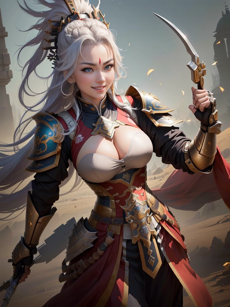 a woman in armor with a helmet with mohawk, Is making a fist pump, inspired by Li Kan, guan yu, inspired by Hu Zaobin, inspired by Huang Shen, inspired by Huang Ding, inspired by Wu Bin, bian lian, inspired by Li Gonglin, chinese three kingdoms, inspired by Li Cheng, genghis khan, inspired by Pu Hua, Highly detailed CG unit 8k wallpaper, masterpiece, High resolution, highest quality, highest quality real texture skin, Super real, Digital Painting, Best image quality, 最High resolution, 8k, (((Highly detailed eyes and face, Beautiful eyes every detail))), disproportionate , , sagging , , grin, Shooting from the front, 