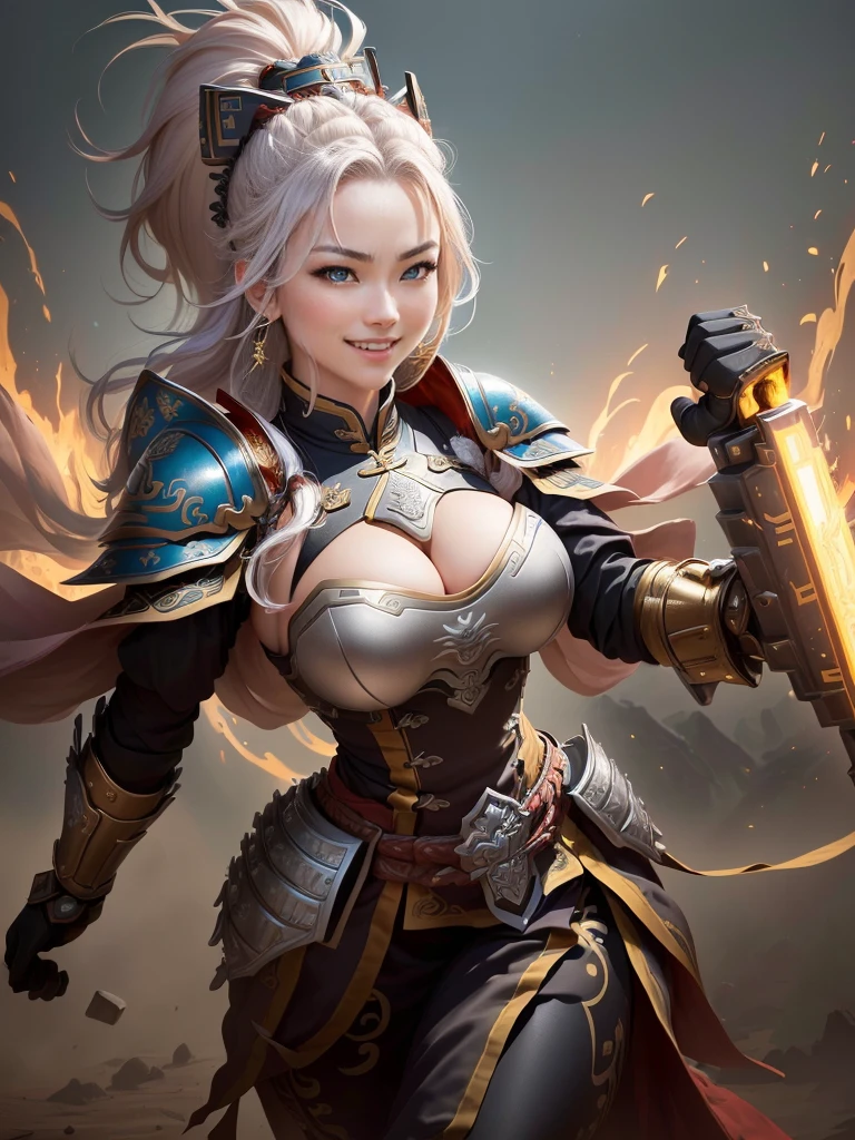 a woman in armor with a helmet with mohawk, Is making a fist pump, inspired by Li Kan, guan yu, inspired by Hu Zaobin, inspired by Huang Shen, inspired by Huang Ding, inspired by Wu Bin, bian lian, inspired by Li Gonglin, chinese three kingdoms, inspired by Li Cheng, genghis khan, inspired by Pu Hua, Highly detailed CG unit 8k wallpaper, masterpiece, High resolution, highest quality, highest quality real texture skin, Super real, Digital Painting, Best image quality, 最High resolution, 8k, (((Highly detailed eyes and face, Beautiful eyes every detail))), disproportionate , huge breastsng breasts, giganasts, grin, Shooti the front,