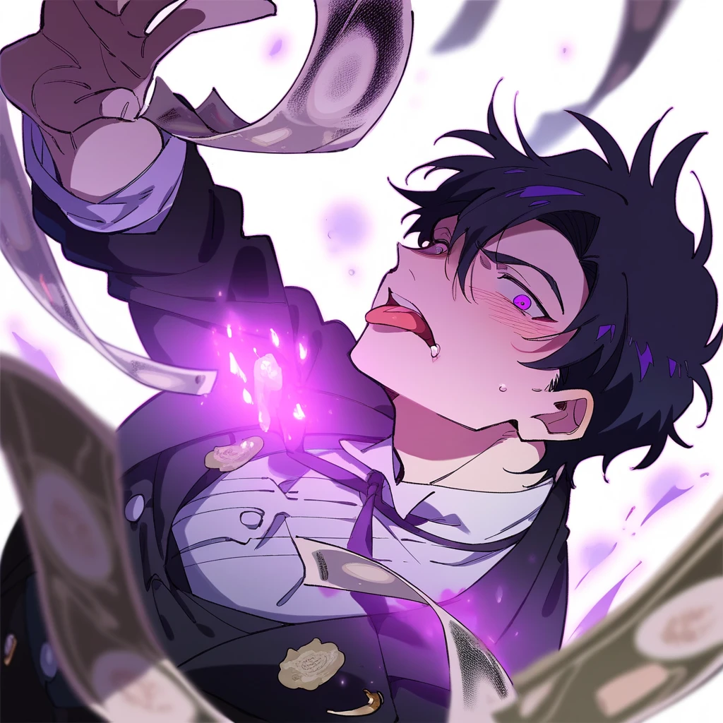 A butler with short black hair and purple eyes, he's blushing with his tongue out and his eyes rolled back . Anime Art Style. A purple light background house with so much money.