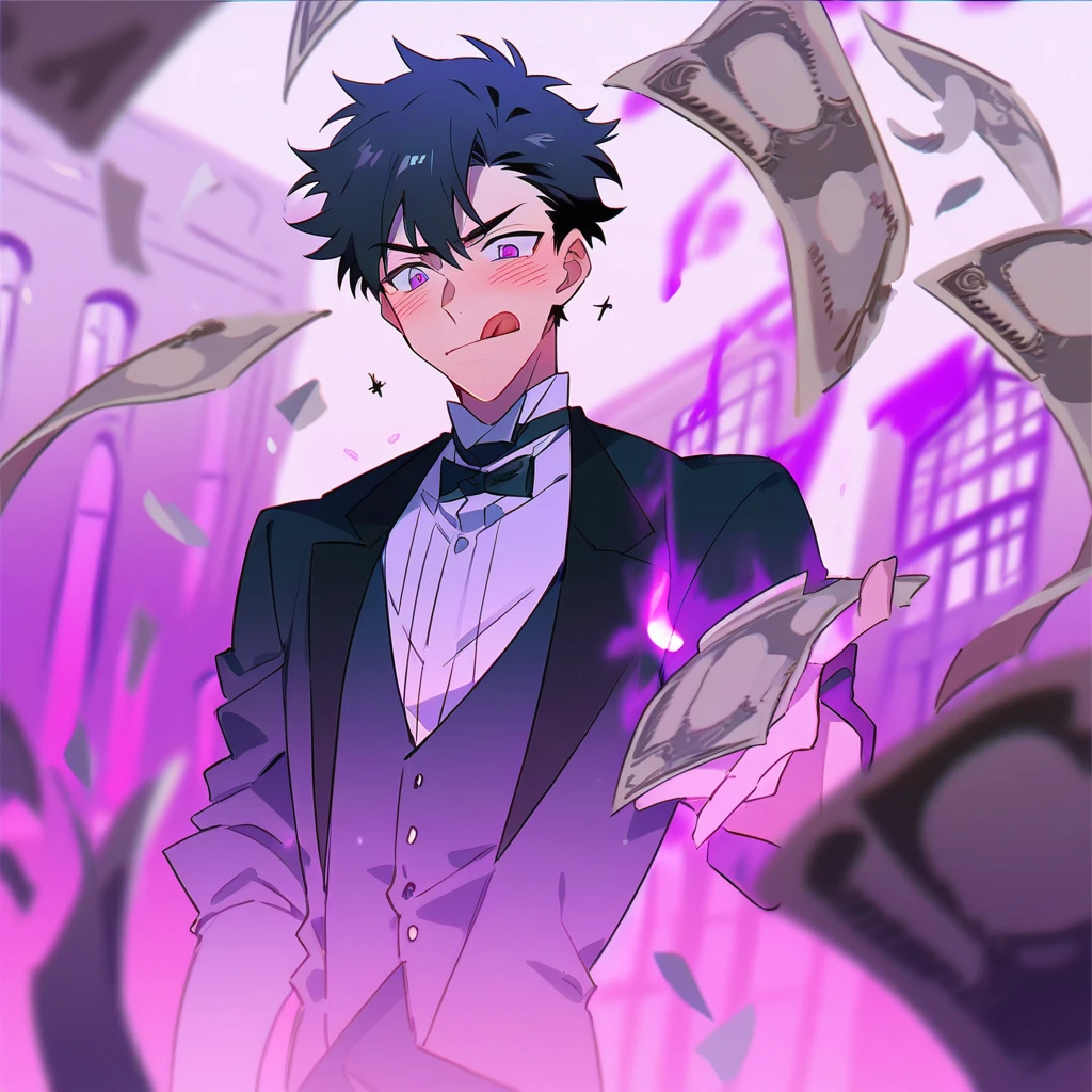 A butler with short black hair and purple eyes, he's blushing with his tongue out and his eyes rolled back . Anime Art Style. A purple light background house with so much money.