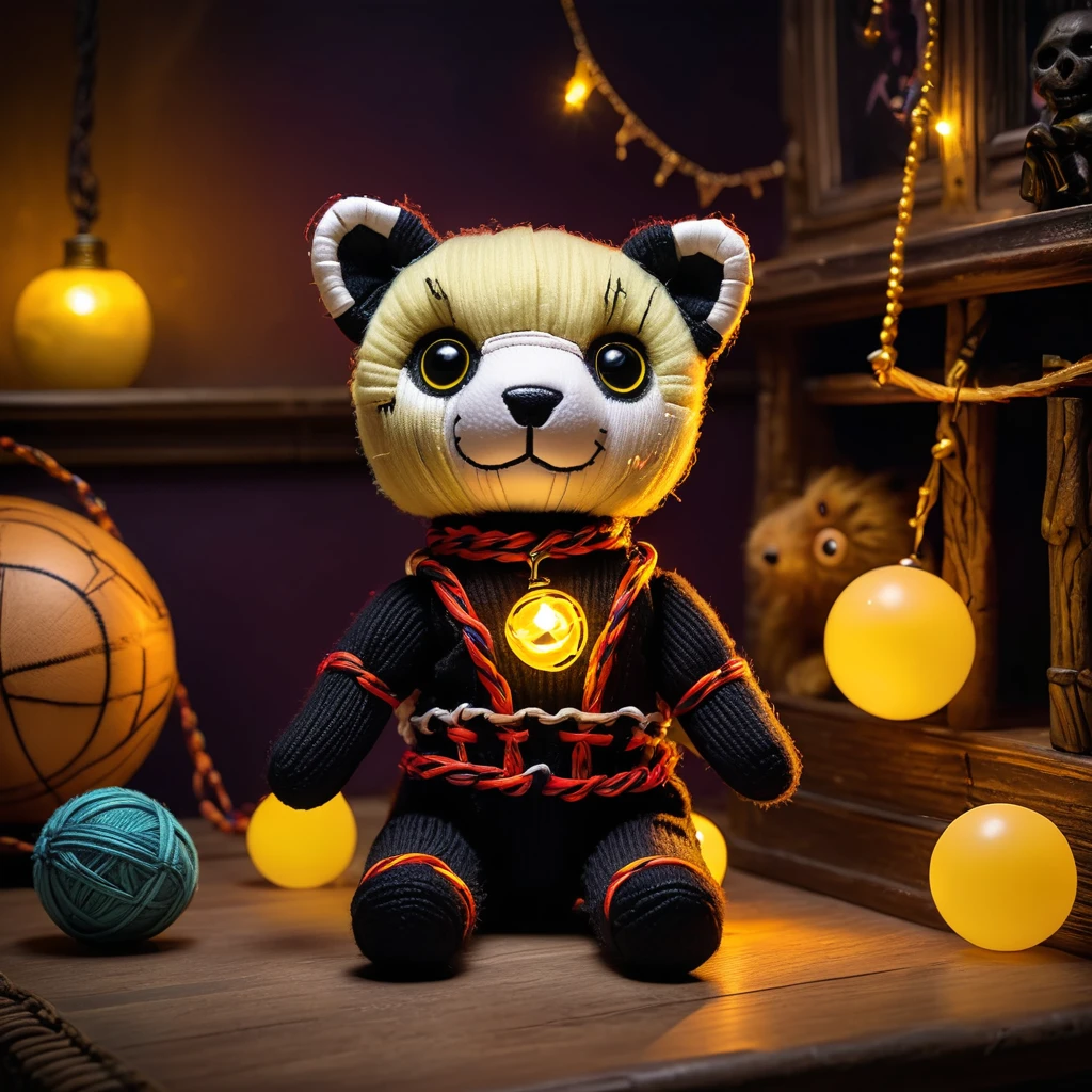 (knitted toy voodoo doll:1.7), (Voodoo Ferret Playing with Ball:1.3), (Clothing: dark fur with glowing yellow accents:1.0), (Accessories: enchanted cursed ball, glowing ethereal harness, mystical haunted playroom:1.2), (background: eerie playroom with floating, glowing toys and mysterious giggles:1.2), best quality, masterpiece, detailed soft oil painting, detailed background, dramatic cinematic lighting, soft edge lighting, professional, dramatic lighting, hard edge lighting, ultra quality, 4k, masterpiece, best quality, 8k, ultra high definition, high resolution, extremely detailed