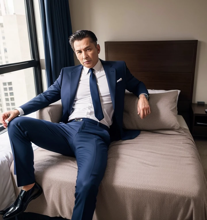 50 years old,One Man,Navy blue suit,mafia、Bedroom,legs wide open,Boss sitting、The crotch area of the pants is bulging,logic,Gay ,Very short slicked back hair,Stubble,Asian Faces,father,chest hair。Scream。