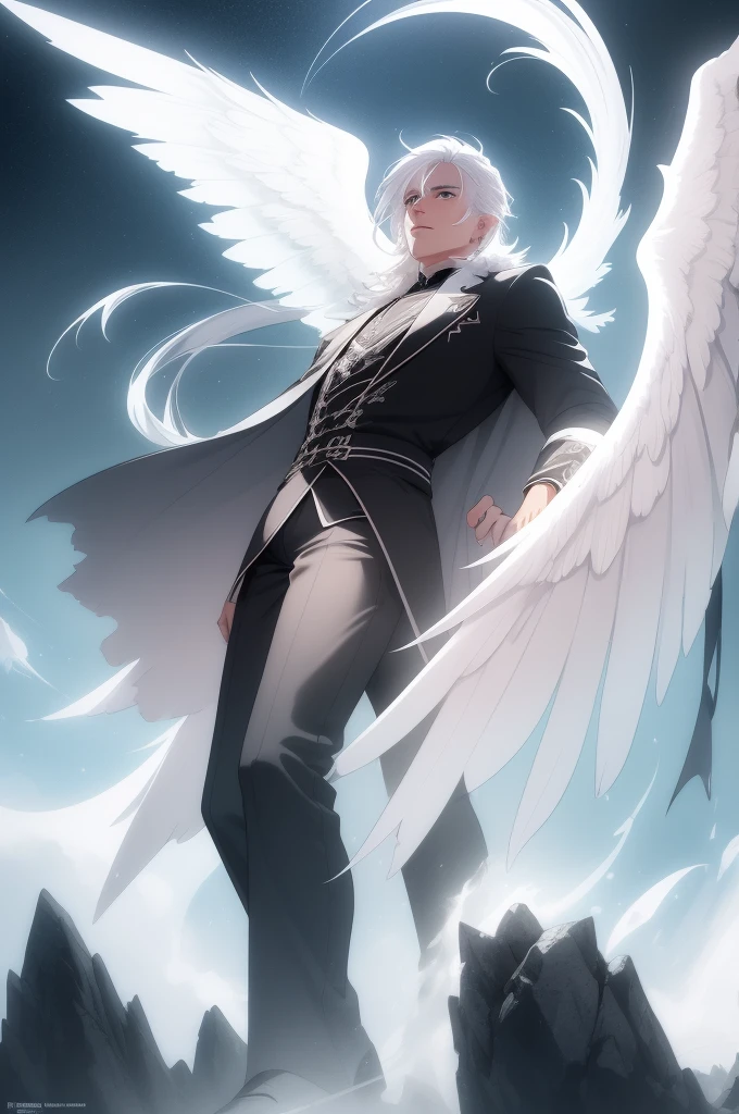 ultra-detailed, highres, best quality, handsome white haired man, wings, detailed eyes and face, vibrant colors, full body, dreamy atmosphere, cinematic lighting, view from below, perspective. splash art tan skin white hair