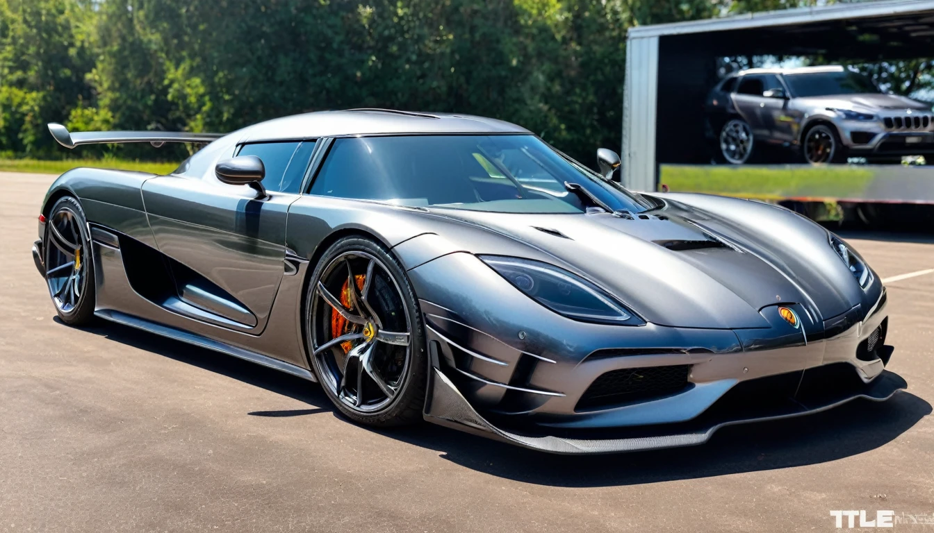 ((A realistic photo of a koenigsegg hyper Car)),gun metal grey color with chrome mag wheels, parked at a race trac on a summers day, best quality, very hi definition, 8k, bikini Girls standing next to the car, (fine detail,)
