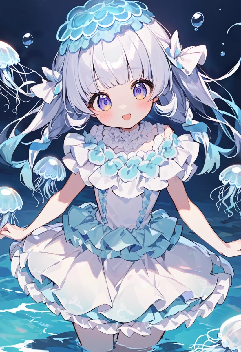 cute女の子、Yeah,Flat Chest,cute,(Jellyfish Girl:1.2), Put your arms behind your back,In the water,Ruffled Dress, 