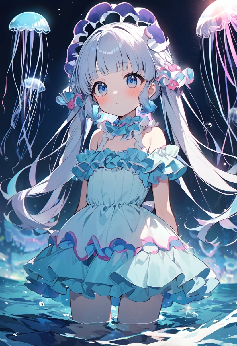 cute女の子、Yeah,Flat Chest,cute,(Jellyfish Girl:1.2), Put your arms behind your back,In the water,Ruffled Dress,